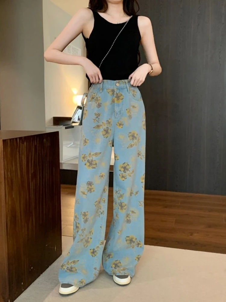 Damskie szerokie jeansy z retro kwiatowym wzorem, luźne, zwiewne spodnie do ziemi, codzienne spodnie dżinsowe z wysokim stanem i prostymi nogawkami.
