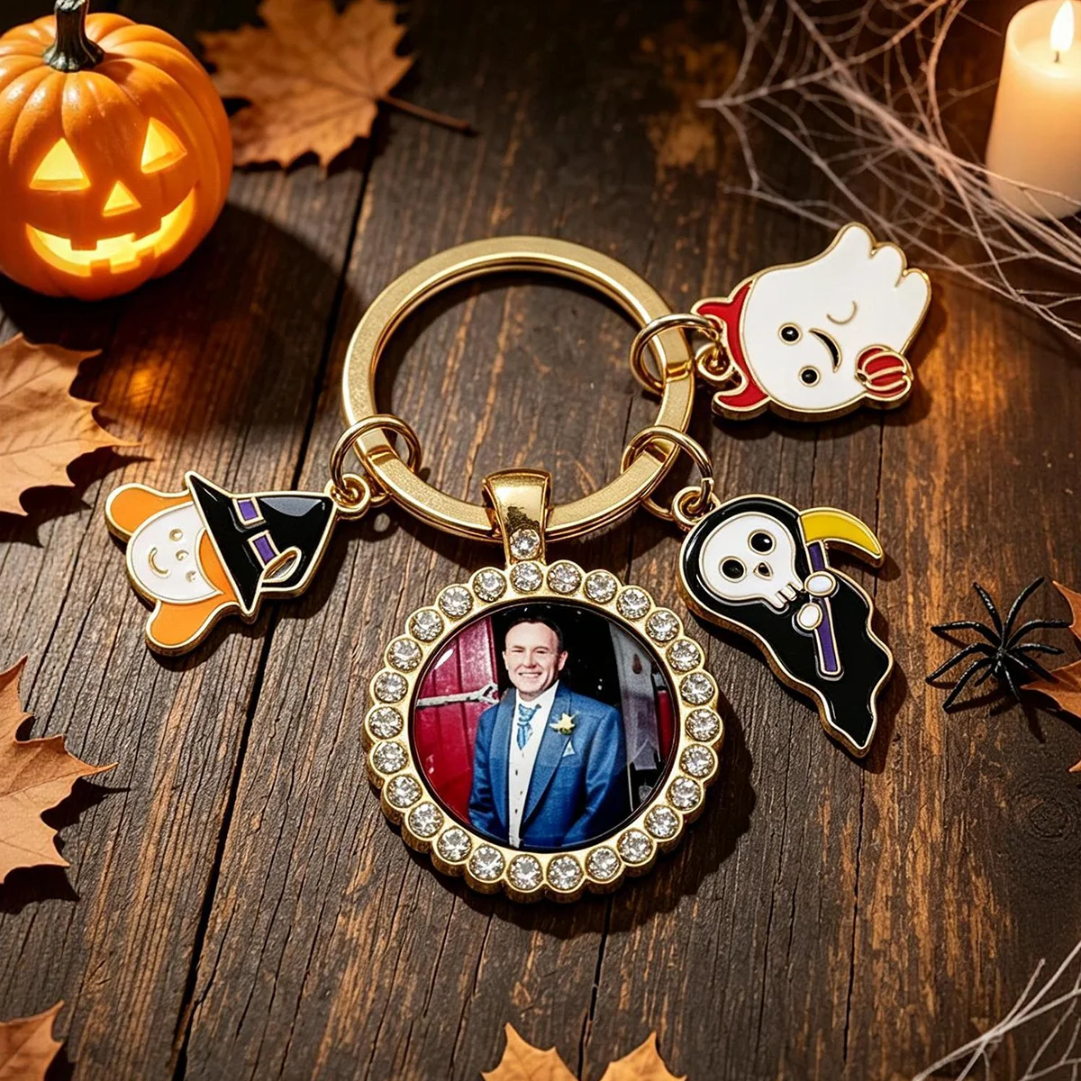 Custom Photo Halloween Keychain, Rhinestone Frame With Ghost & Skull Enamel Charms, Personalized Memory Gift for Halloween Fans