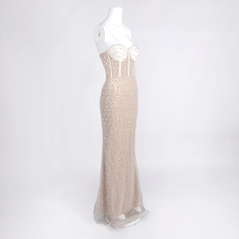Luxury Crystal Beaded Evening Dresses – Elegant Sleeveless Bustier Pearls Long Prom Dress Wedding Party Maxi  Vestidos