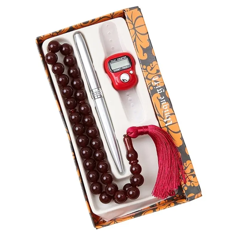 A01F-Crystal Islamic Tasbih Prayer Beads Set-3Pcs 33 Beads Rosary For Muslim For Meditation& Compliant Gift Red