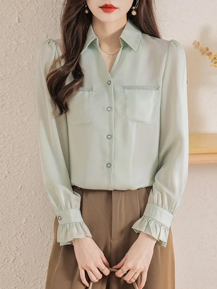 

Office Lady Elegant Shirt New 2023 Spring Korean Style Turn-down Collar Flare Sleeve Basics Women Long Sleeve Tops Shirts W1317