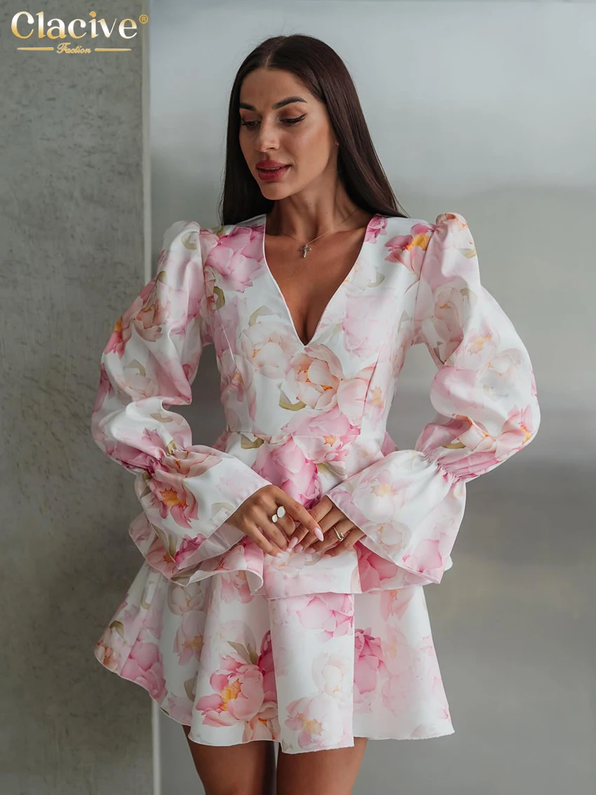 

Clacive Sexy Loose Print Women's Dress 2025 Fashion V-Neck Long Sleeve Mini Dresses Elegant High Waist Pleated Female Dress