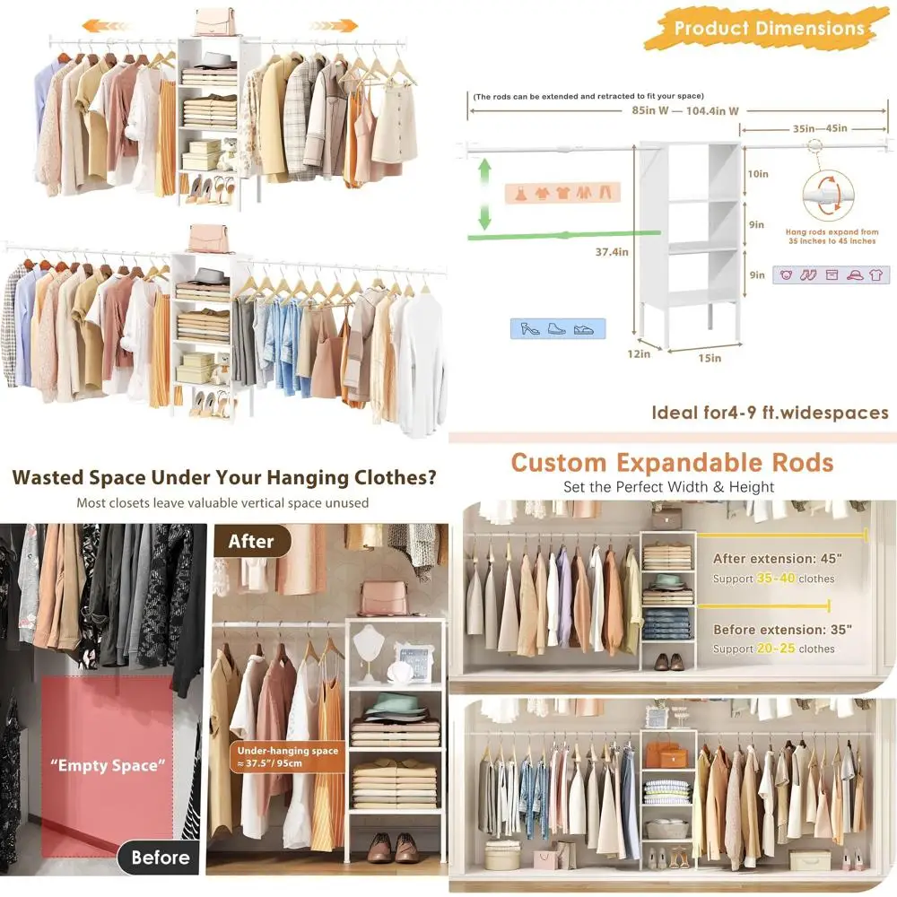 

Space-Saving 5-8 Tier Wooden Closet Organizer with Hanging Bars and Adjustable Rack in White