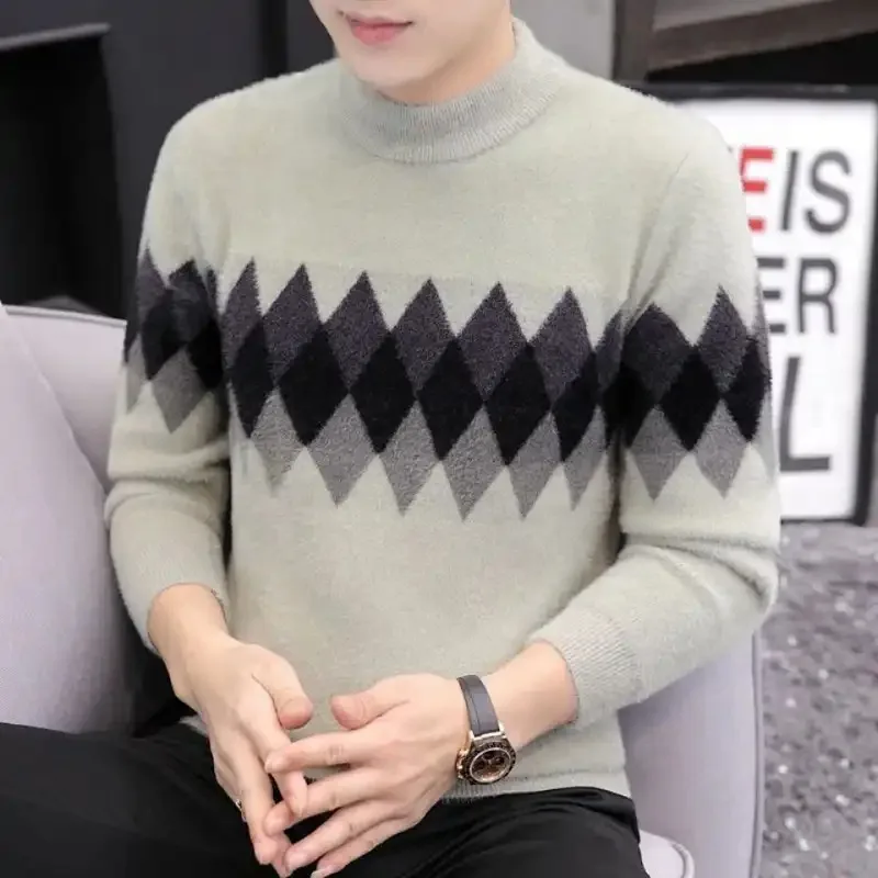 

Autumn and Winter Men's Pullover Half Turtleneck Korean Style Bottoming Sweater Contrast Color Casual Top