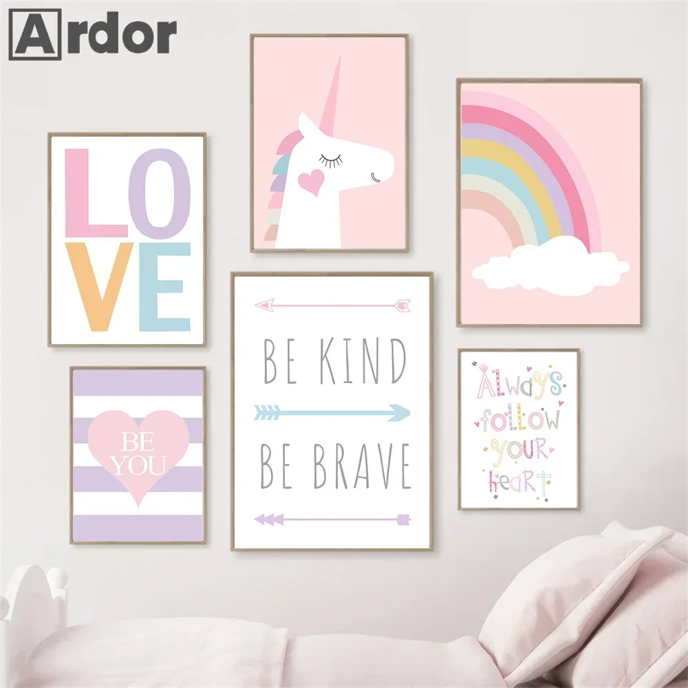 Pink Unicorn Rainbow Love Heart Quotes Nursery Wall Art Canvas Painting Nordic Posters And Prints Pictures Baby Girl Room Decor