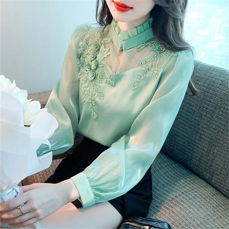 Women Satin Vintage Embroidery Elegant Blouses Spring Autumn Fashion Stand Collar Sexy Hollow Shirts Green Long Sleeve Chic Tops