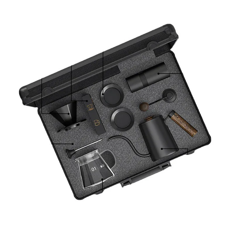 Suitcase, hand-brewed coffee pot, filter cup set, outdoor hand-brewed pot, bean grinder, coffee cup gift box, full set.