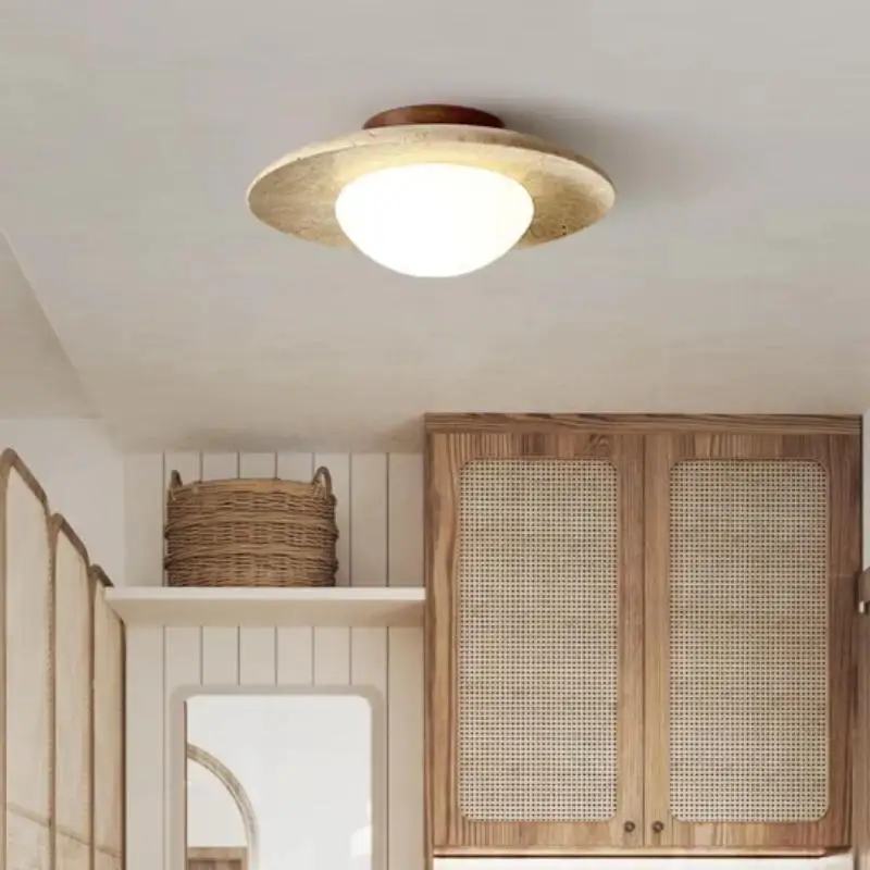 

Modern New Style Natural Stone Ceiling Lamp Japan Wabi Sabi Cream Porch Balcony Lighting Fresh Disc Shape Home Room Decoration