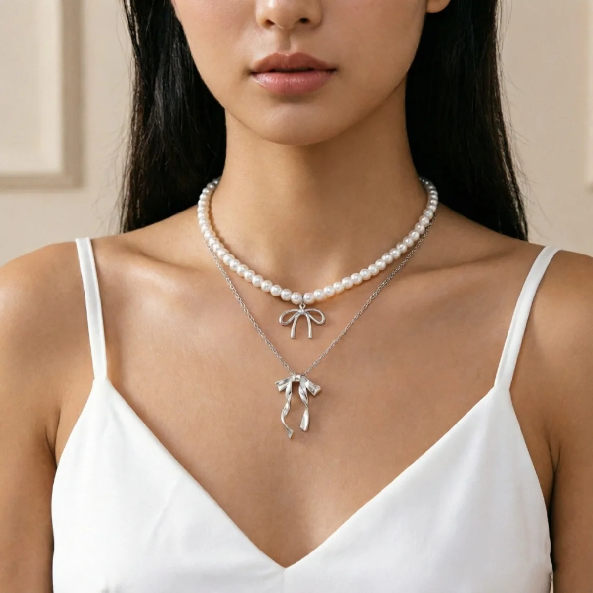 Süßer, cooler Stil Metallband-Schleife mit simulierten Perlenkette für Frauen, zierliche elegante Twist-Schleife Choker, ästhetischer Schmuck – Detail 21