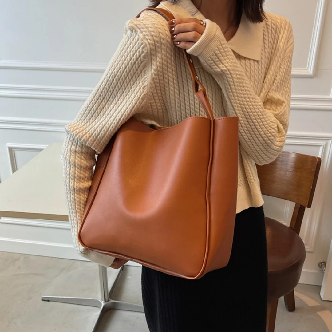 Pu Leather Bag Single Strap Shoulder Tote Solid Color Bag Soft Bucket Bag For Daily Use Casual Outfits Retro Outfits