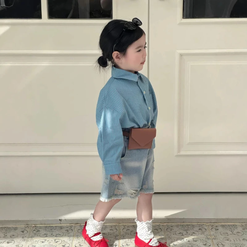 

2026 Spring New Girl's Loose Lazy Style Fine Striped Fashionable Collar Soft Cotton Shirt