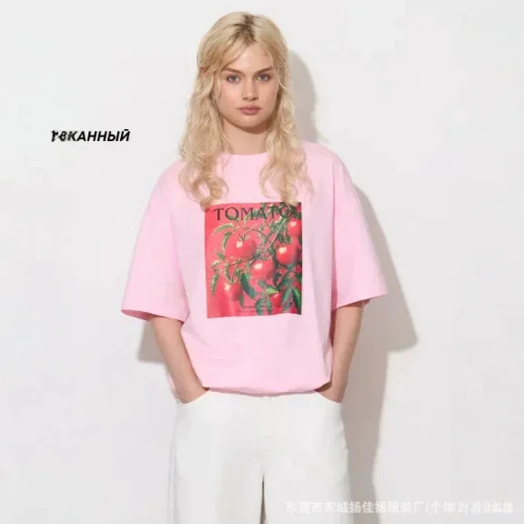 High Quality Soft Cotton Sweet Pink Oversized T-Shirt Chic Tomato Square Photo Print Casual Fruit Graphic Short Sleeve Tee New