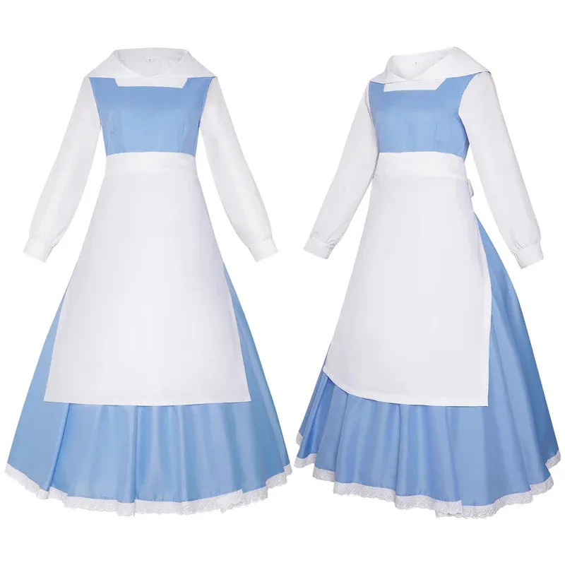 

Explosion Princess Belle Maid Costume Blue and White Dress + Apron Headdress Set Halloween Party Lolita Costume