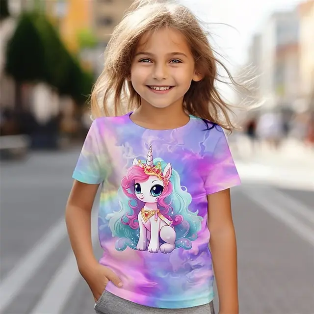 Girls\' 3D Unicorn Tee Shirts Short Sleeve 3D Print Summer Active Fashion Cute Polyester Kids 3-12 Years Crew Neck Outdoor