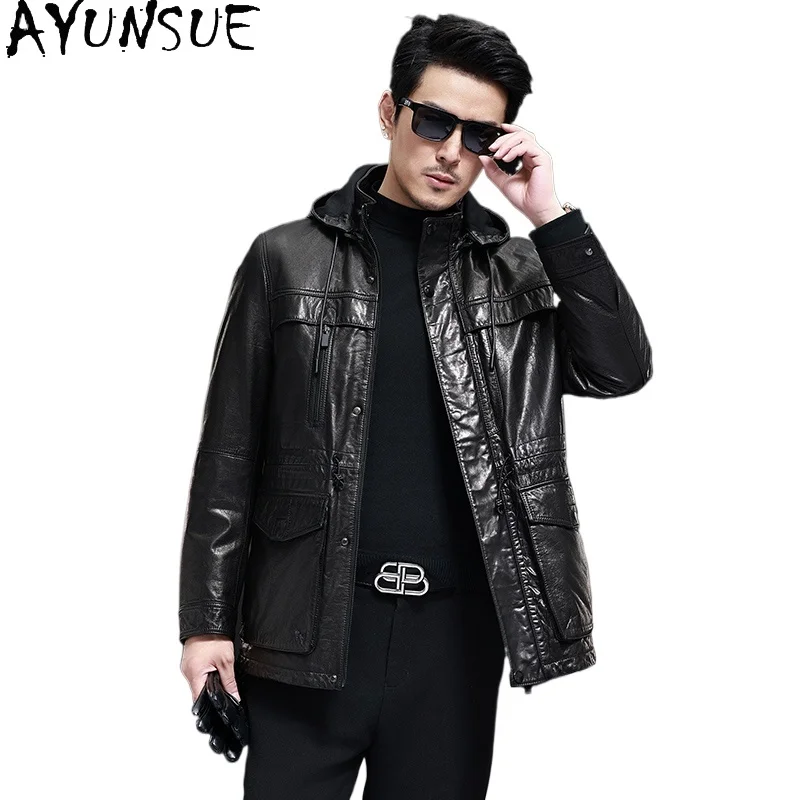 

AYUNSUE пуховик из натуральной коровьей кожи, мужской зимний пуховик с капюшоном, съемный пуховик, пальто из 100% натуральной воловьей кожи, черные кожаные куртки