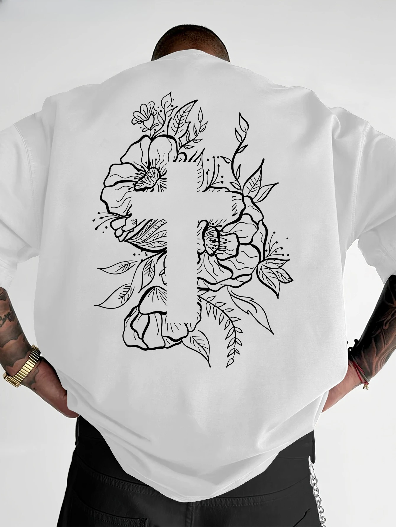 

Мужская повседневная хлопковая футболка с цветочным принтом креста, футболка из 100% хлопка с короткими рукавами, христианские подарки, уличный стиль, модная повседневная одежда