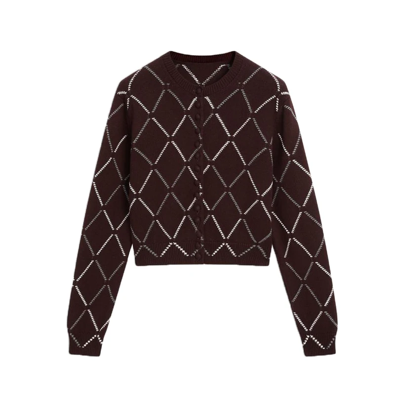 

Spring New Women's Commuter Sle Single Button Diamond Pattern Knitted Open Cardigan Slim Fit Long Sve round Ne ort L...