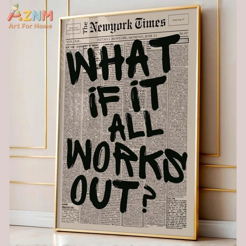 AZNM What If It All Works Out, Art mural sur toile avec citation typographique rétro, Affiche de décoration intérieure esthétique moderne, Encadré