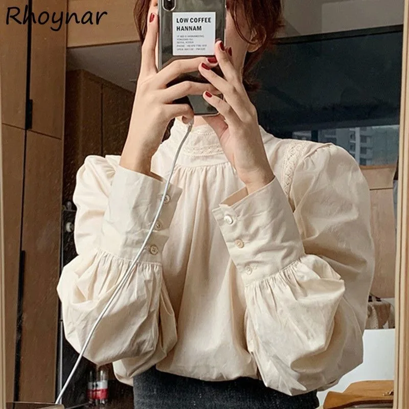 Long Puff Sleeve Shirts Women Half High Collar Solid Pleated Causal Tops Loose Simple Baggy Skin-friendly All-match Basic Chic