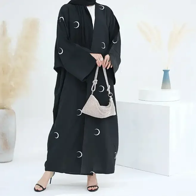 

Moon Embroidery Kimono Abaya Thin Linen Fabric Batwing Muslim Abayas for Women Dubai Islamic Clothing Hijab Dress Ramadan Kaftan