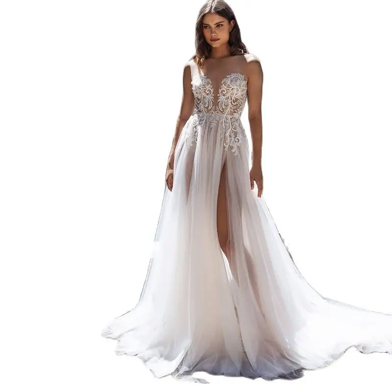 Illusion classique sans manches une ligne Robes De mariée chérie dentelle Robes De mariée élégant Court Train Tulle Robes De mariée