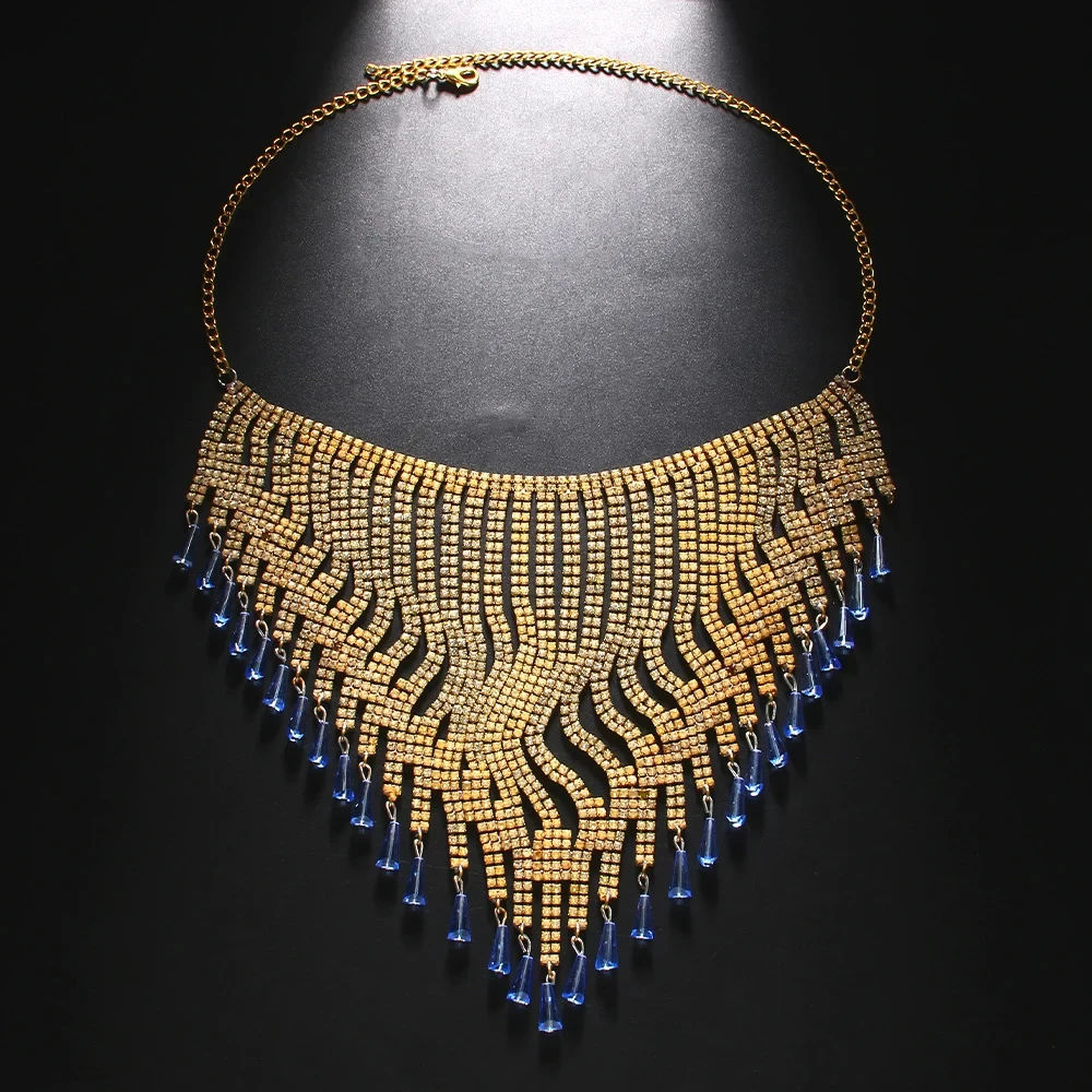 Stonefans Blue Pendant Flapper Hat Headwear Tassel Forehead for Women Boho Cap Multirow Shiny Rhinestone Hair Chain Wig Jewelry