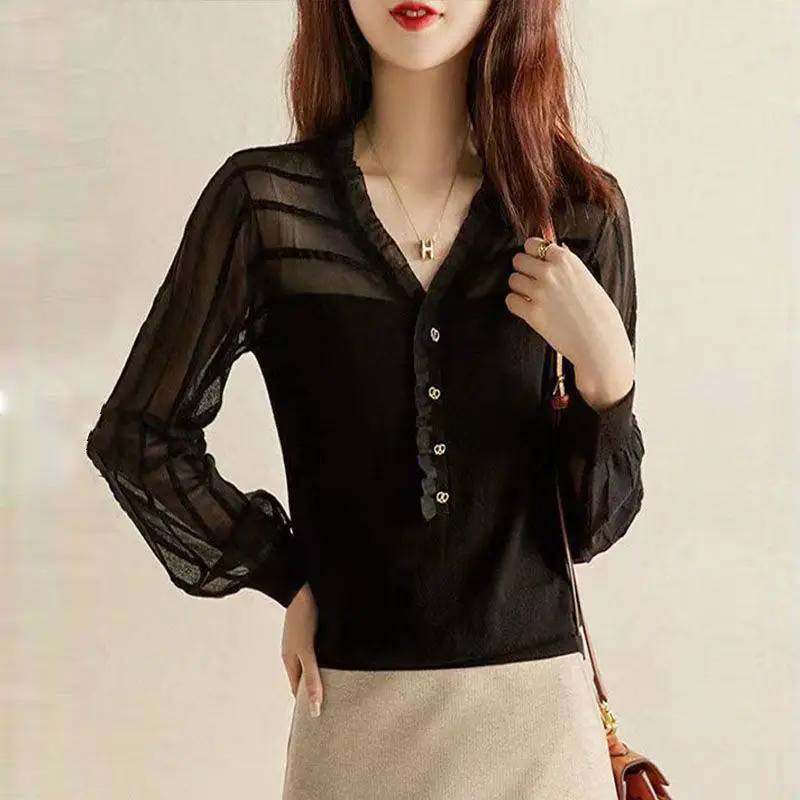 Office Lady Solid Color Gauze Spliced Blouse Spring Summer Long Sleeve Female Clothing Elegant V-Neck Lace Casual Knitted Shirt