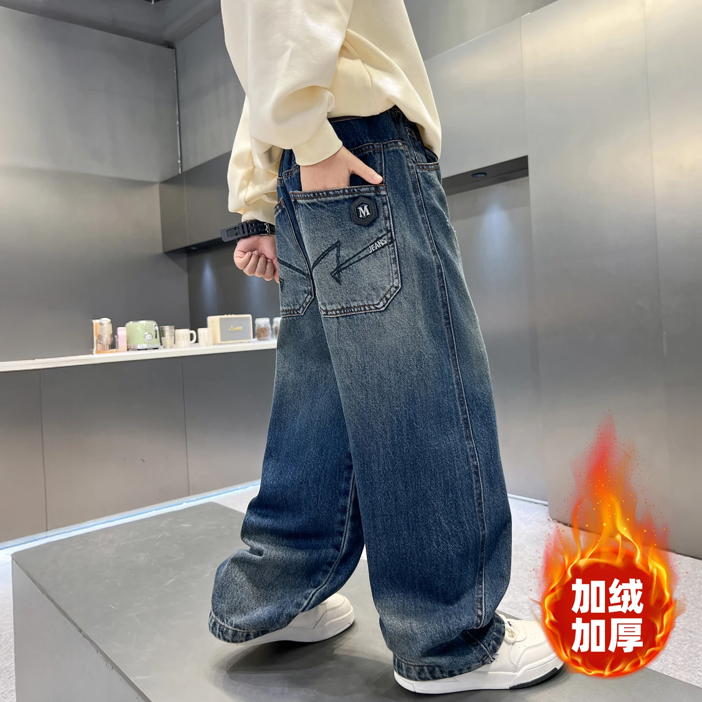 Teenage Boy Jeans Insulated Solid Color Children Jeans Casual Kids Jeans Winter Autumn Kids Clothes 4 6 8 10 11 12 13 14 Years