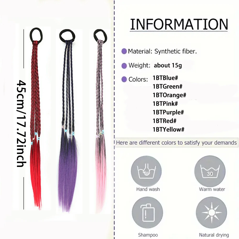 Extensões coloridas de cabelo trançado rabo de cavalo para meninas, peruca sintética com elástico, postiços arco-íris Y2K para crianças, 4 unid, 45cm