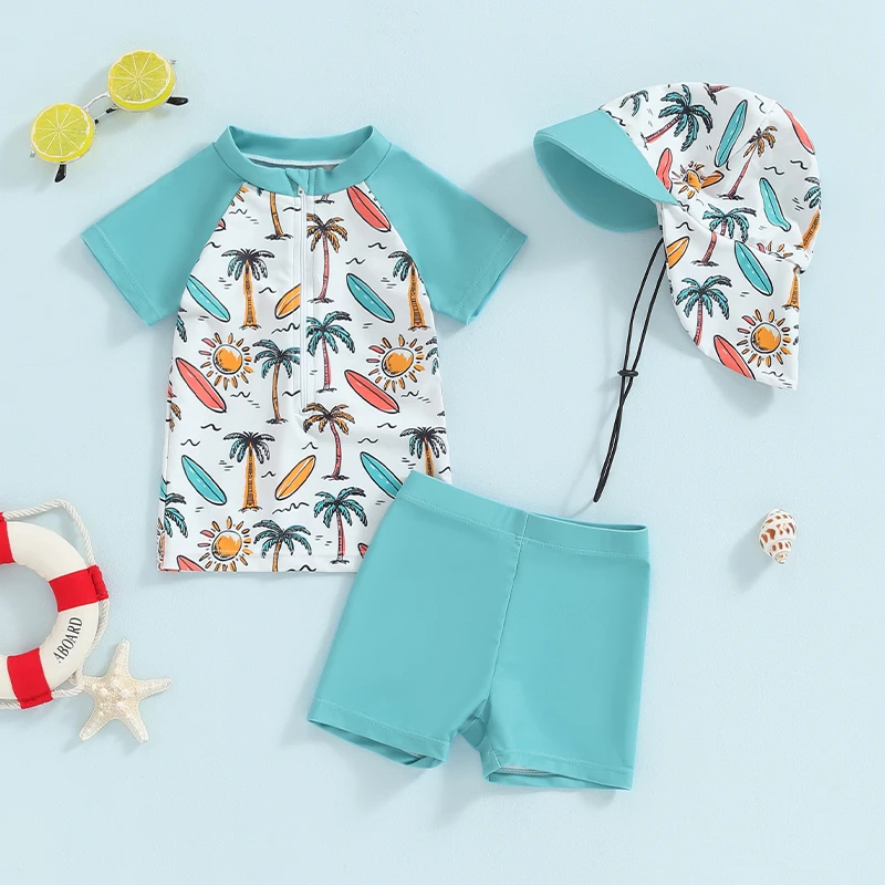 Summer Boys Rash Guard Set 3 Piece Swimsuit Suit Palm Tree/Dinosaur Print Short Sleeve Tops Swim Trunks Swim Cap Bathing Suit