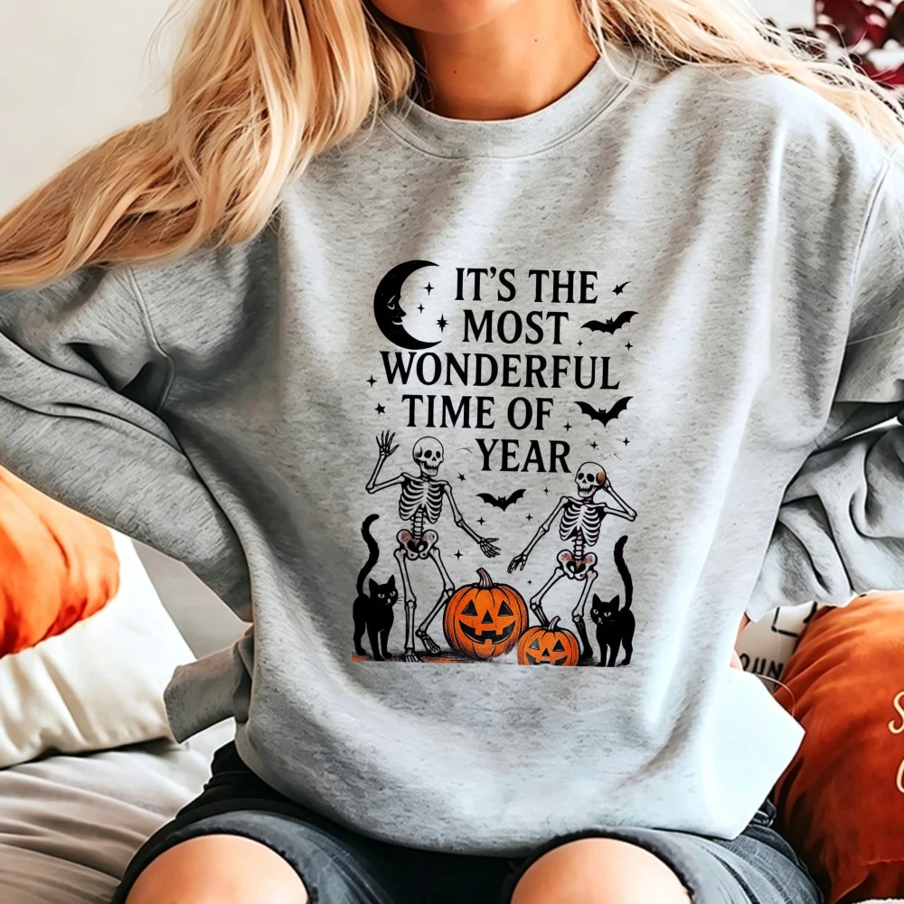 Most Wonderful Time Sweatshirt Unisex Streetwear Moon Skeleton Black Cat Motif Bat & Pumpkin Element Vintage Vibe Pullovers