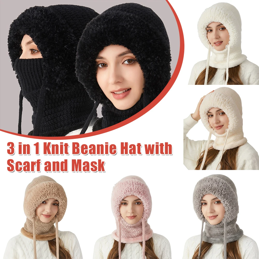 

Вязаная шапка-бини 3 в 1, шарф и маска, снежные шапки, ветрозащитный ветрозащитный шарф, шапка для женщин, снаряжение для экстремальной холодной погоды