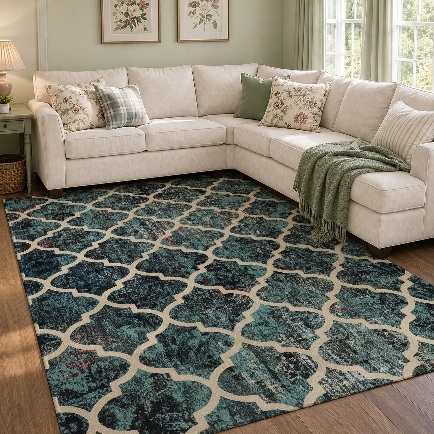 Large Indoor Area Rug, Soft Velvet Low Pile Non-Slip Dotted Backing Machine Washable, Teal Moroccan Trellis Pattern Floor Rug for Living Room, Bedroom, Entryway