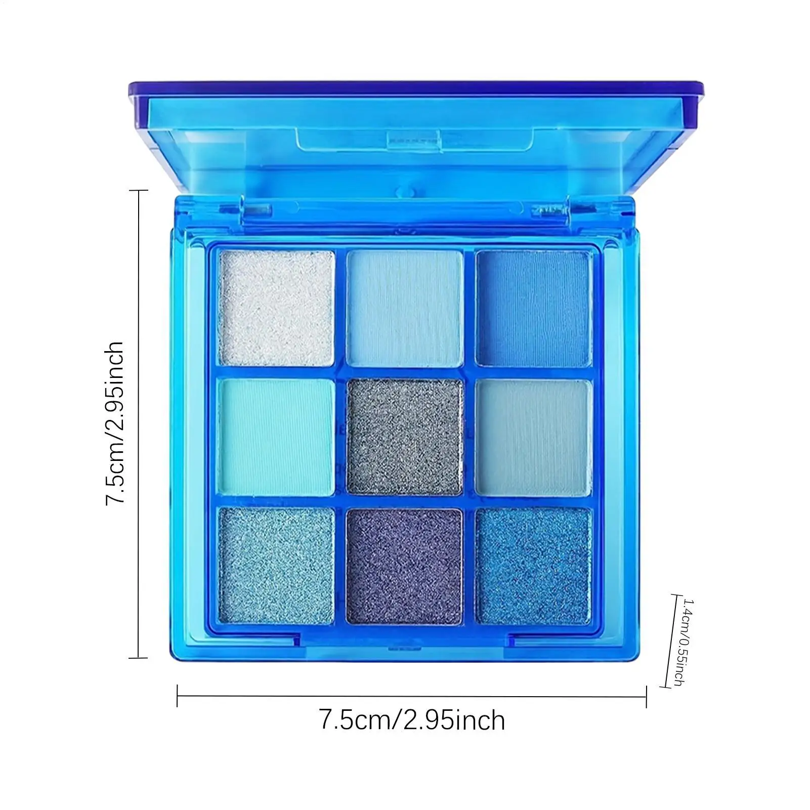 Paleta de sombras azuis, 9 cores, à prova d'água, suor, azul, fosco, pérola, glitter, acabamento, performance, palco, maquiagem, festival de música