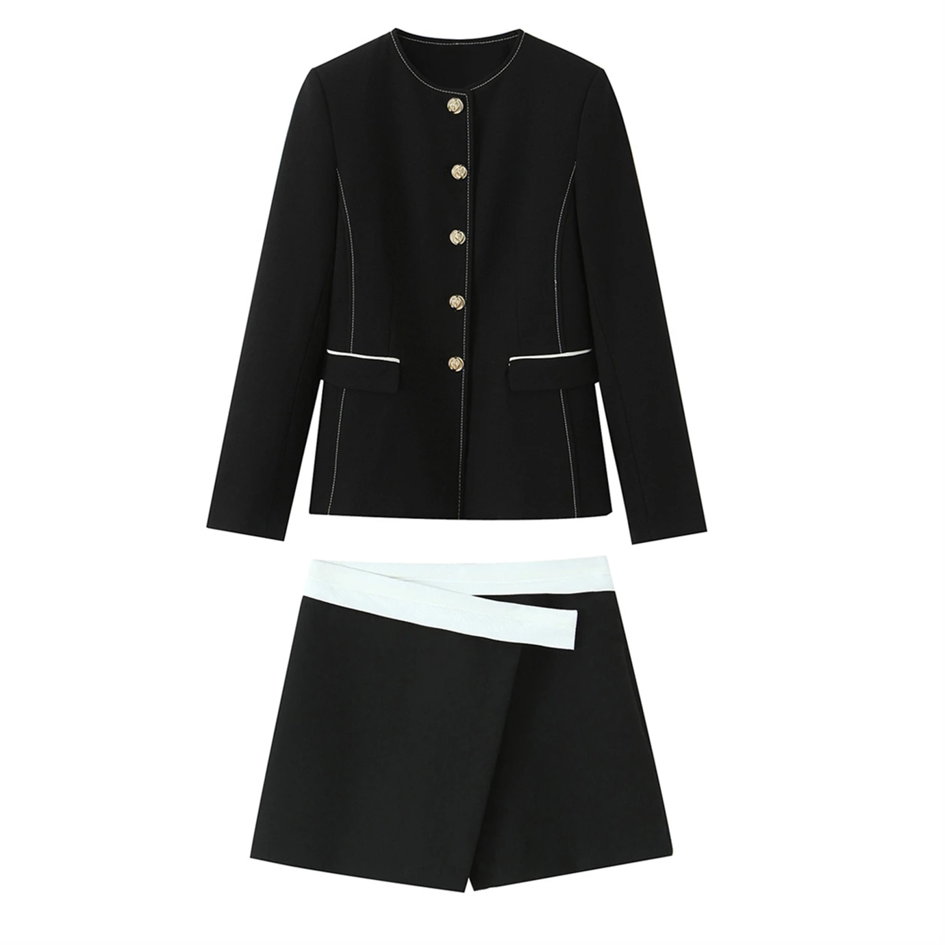 

Women's new suit shorts set decorative line suit jacket and contrasting waist double-padded skirt pants casual and fashionable t