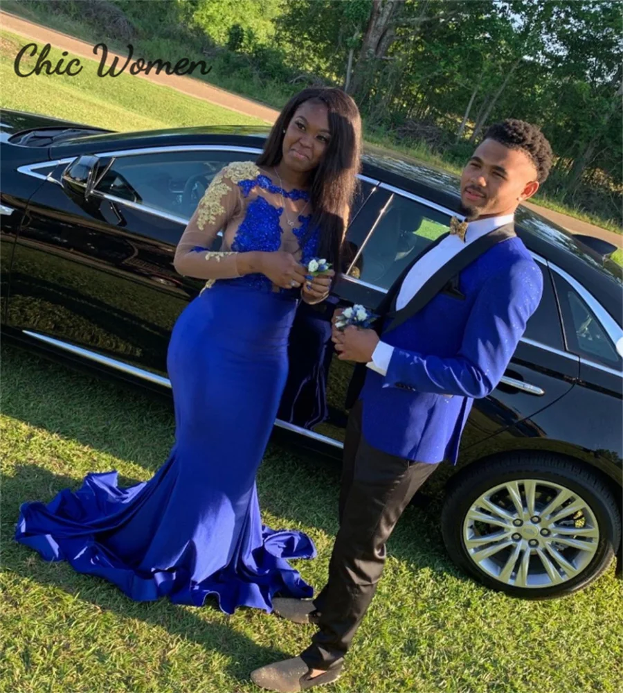 Elegant Royal Blue Prom Dress For Black Girls Long Sleeve Mermaid Gold Lace Evening Gown Tight African Birthday Party Customized