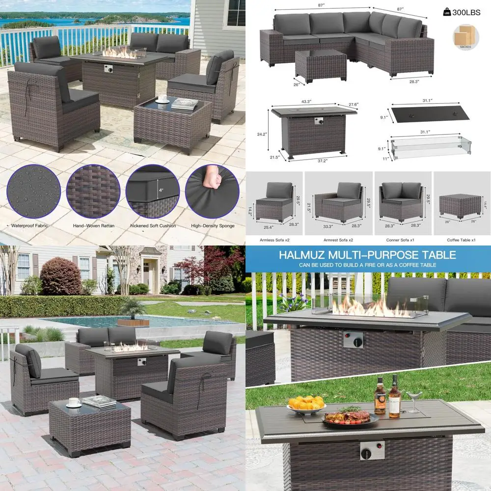 7-Piece Outdoor Patio Furniture Set with 43 Gas Fire Pit Table, PE Rattan Wicker Sofa Set with Cushions and Waterproof Covers, I