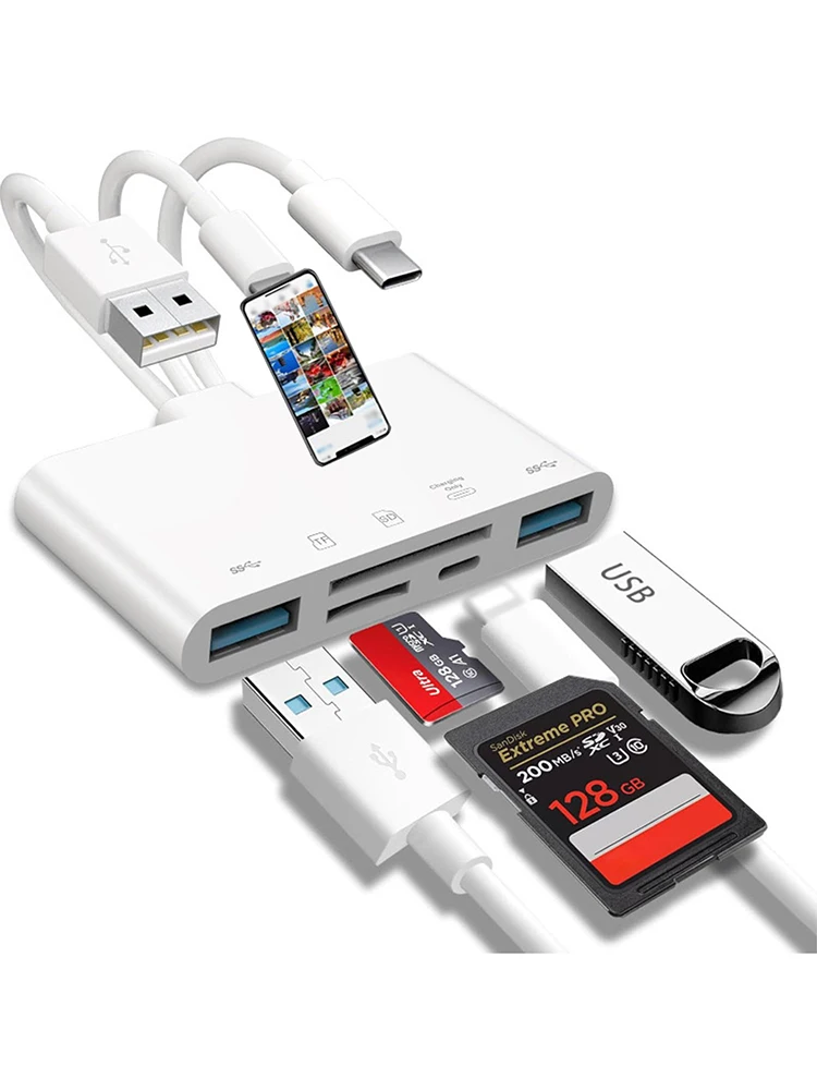 Lettore di schede 5 in 1 a tre fili, convertitore OTG multifunzione, trasmissione ad alta velocità, compatibile con Iphone/Android/ipad