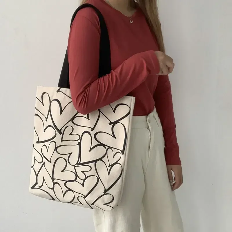 Students Cotton Cloth Eco Shopper Bag Main Handbag Tote Heart Shopping Bags for Women Canvas Shoulder Bag Bolsa Feminina