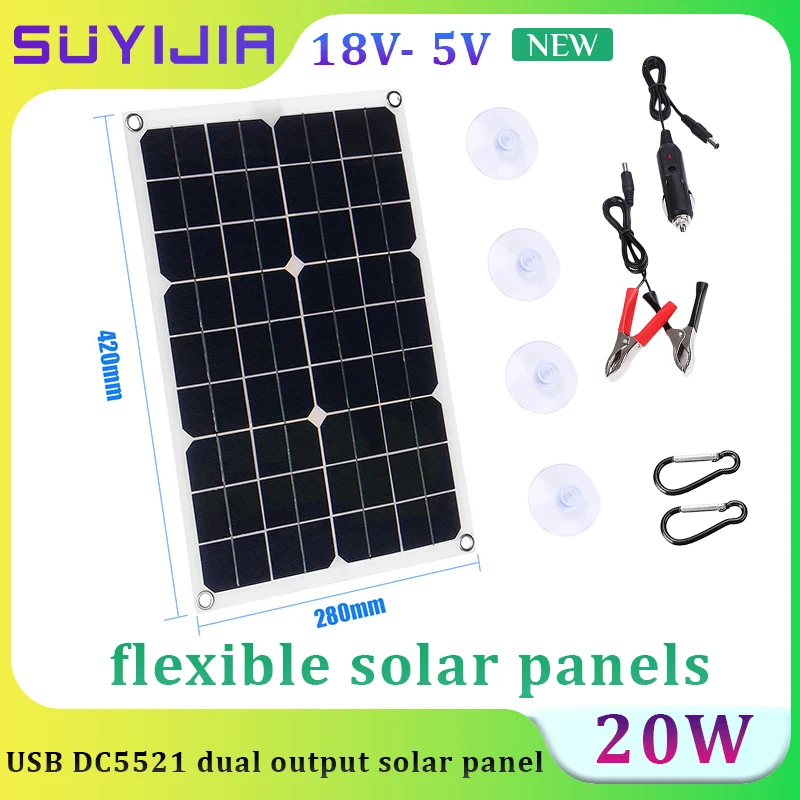 18V 5VFlexible Solar Panel 20W Suitable for Mobile Phone Camera Car Boat Battery Charging USB DC5521 Dual Output Solar Panel