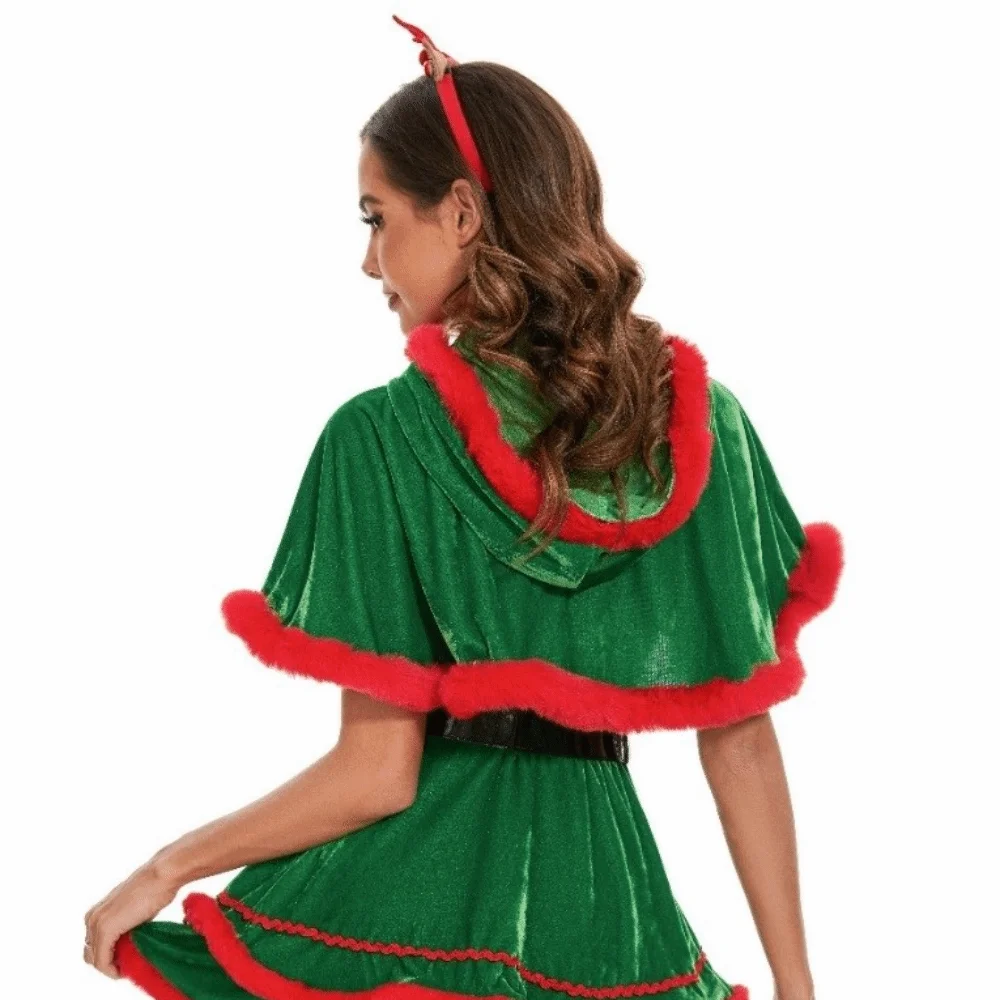 Simple Polyester Christmas Hooded Cloak Plush Thick Xmas Cape Cosplay Costume Warm Women Ponchos Christmas Party Costume