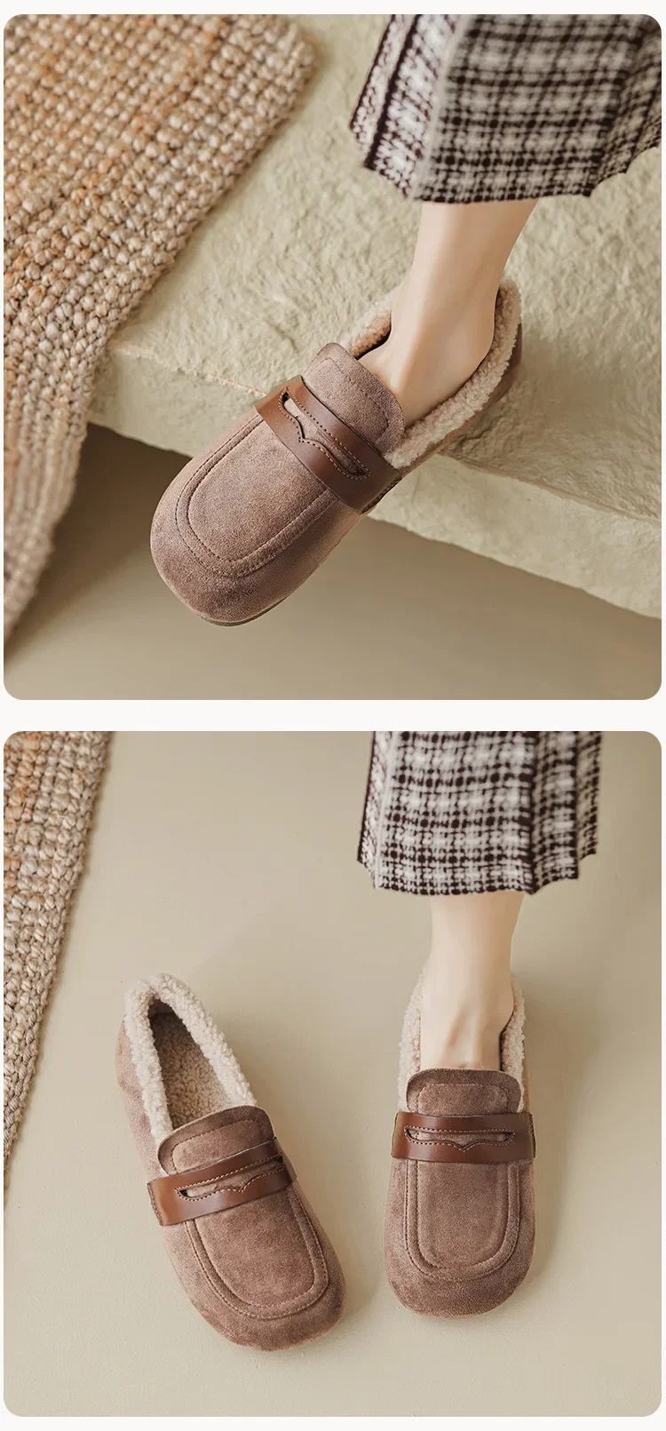 Lässige Flache Schuhe aus Lammwolle für Damen, Schuhe mit Obermaterial aus Flock, Winter-Loafer mit breiter, quadratischer Zehenpartie, Pelz-Mokasins für Damen, mit Baumwollfutter, Schafsfell-Stiefel – Detail 9