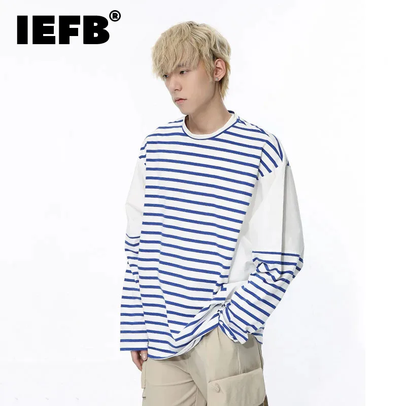 

IEFB Long Sleeve Men's T-shirt Stripe 2024 Male Clothing Summer Autumn Pullover New Korean Spliced Contrast Color Top 9C5179