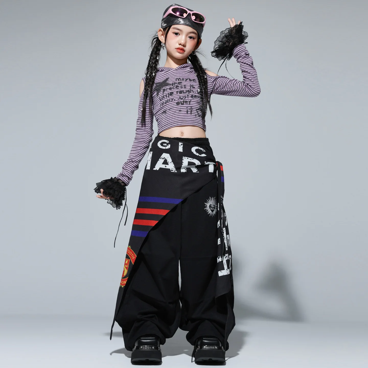 طفل Kpop الهيب هوب الملابس الأرجواني مخطط المحاصيل هوديي تي شيرت أسود عادية المظلة السراويل لفتاة الشارع أزياء رقص الملابس #4