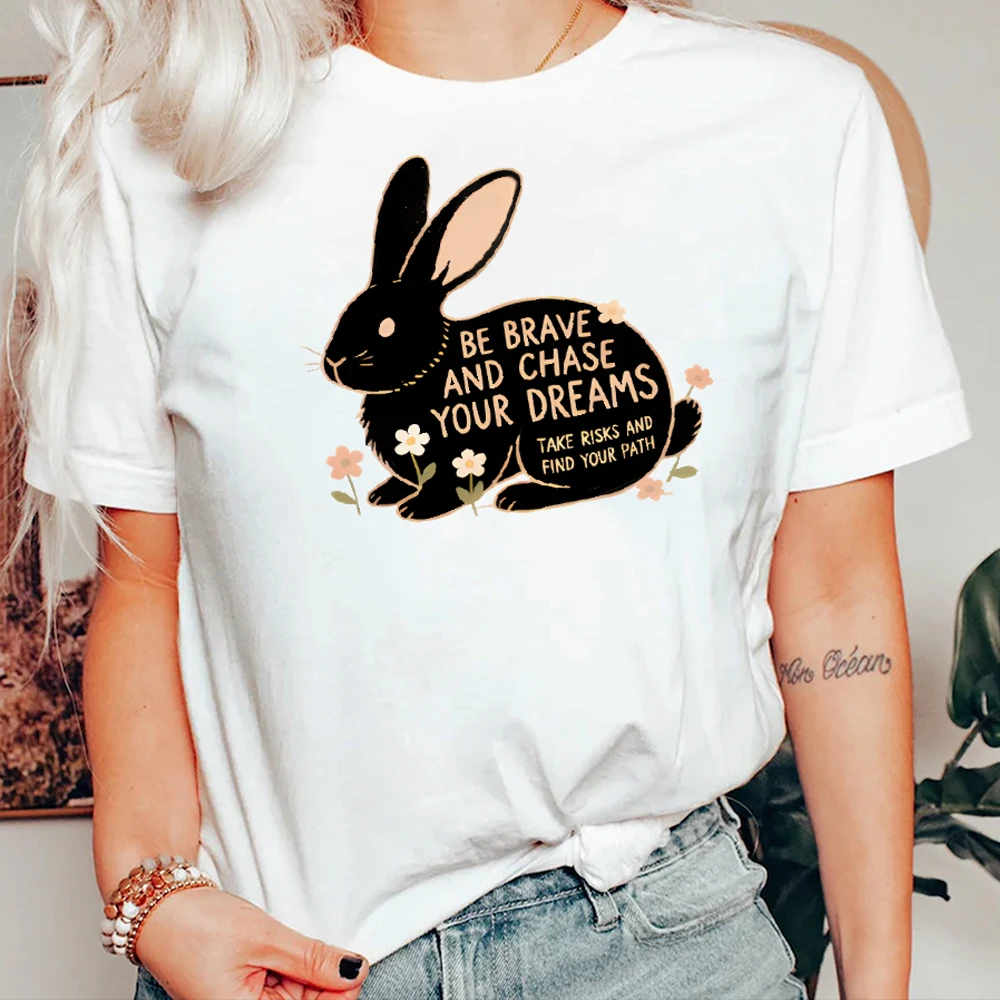 

Cute Cartoon Silhouette Rabbit Flowers Be Brave Chase Your Dreams Y2K Women‘s Clothes Cotton Casual T-Shirt Graphic Tees