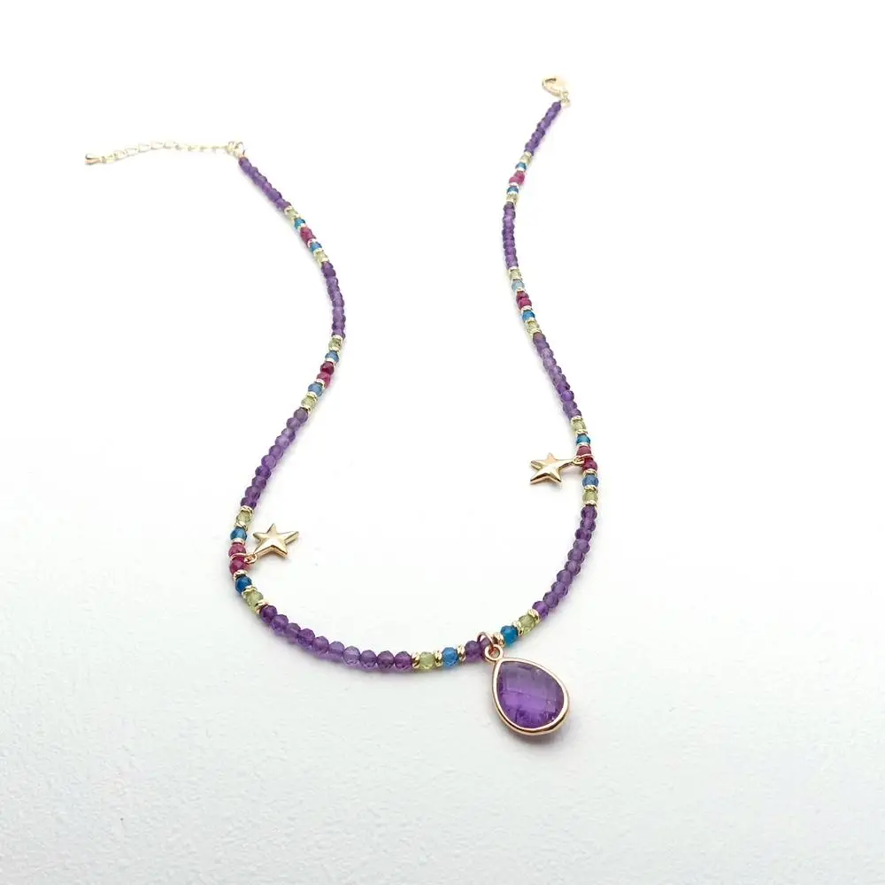 KKGEM3mm 작은 페르시 마노 루비 페리도트 초커 12x15mm 보라색 자수정 펜던트 참 목걸이 천연석 쥬얼리
