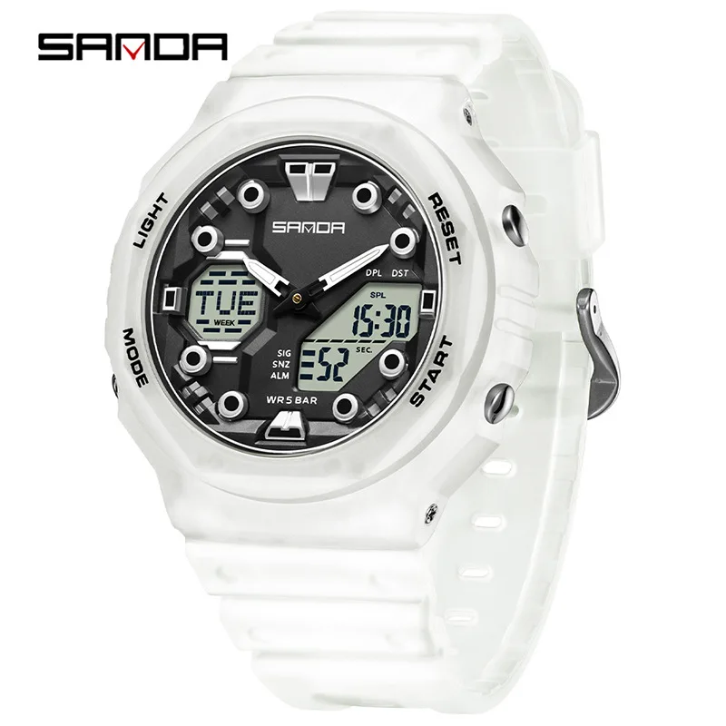 SANDA 6200 Men Quartz Watch Sport Fashion Unique Alarm Clock Waterproof Cool Dual Display Wristwatch for Student