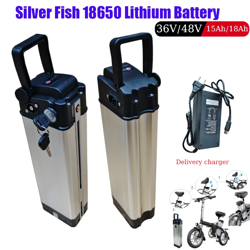 Tragbarer 36V 48V 15AH 18AH Silverfish Lithium-Ionen-Akku mit hoher Leistung 250W 500W 750W 1000W 36V 18Ah 48V 18650 Akku + Ladegerät