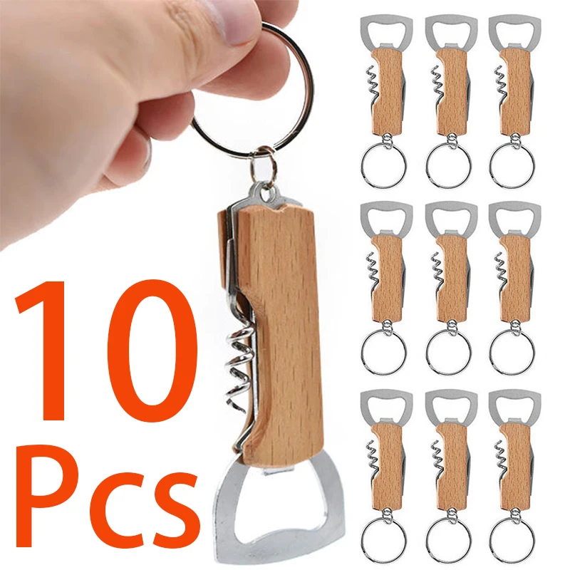 10Pcs Blank Wooden Bottle Opener Keyring 3 In 1 Corkscrew Wine Bottle Opener Keychain