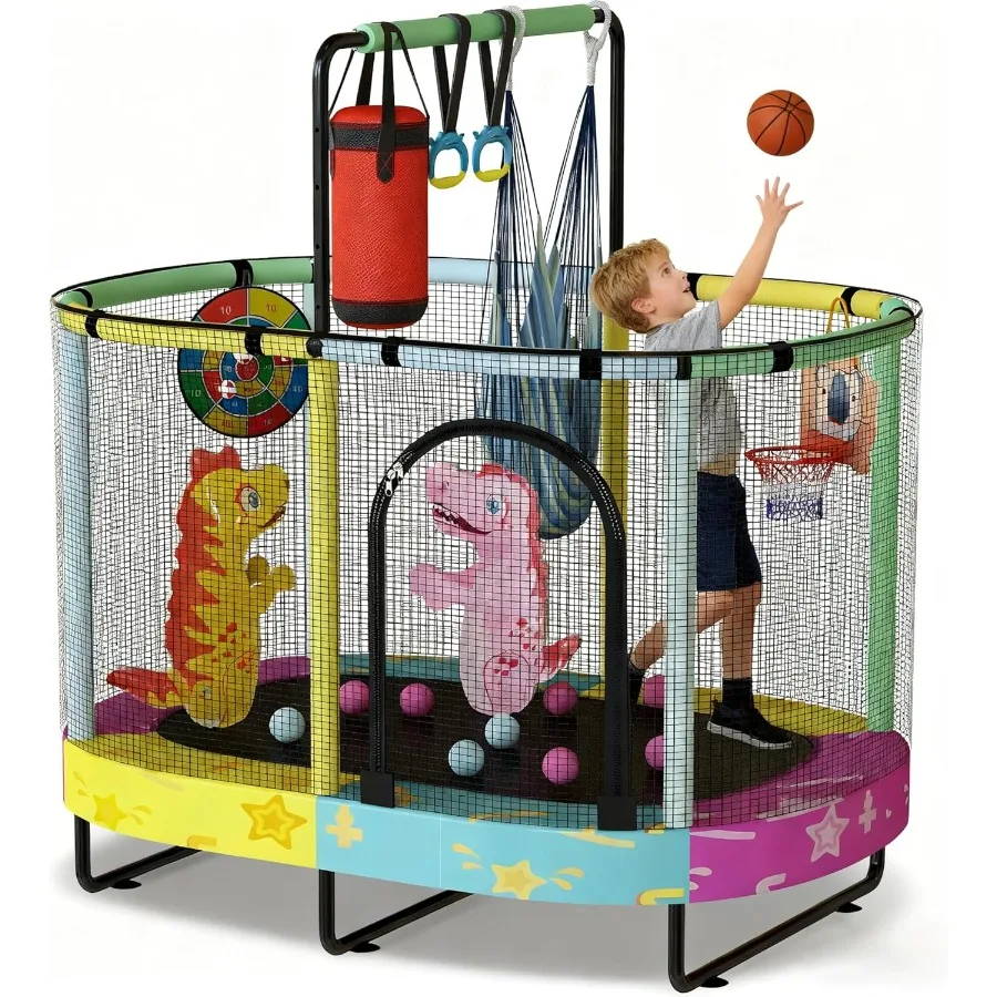 

Indoor Trampoline with ASTM Approval Safety Enclosure Net and Adjustable Handrail for 1-8 500lbs Weight Capacity 7-in-1 Multi-F